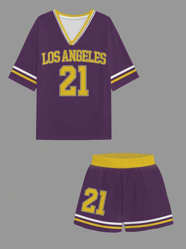 2pcs Women Summer Casual V-Neck Short Sleeve Top & Shorts Set With Eagle Letter Graphic