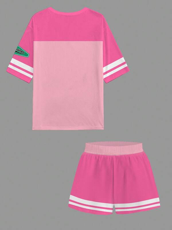 2pcs Women Summer Casual V-Neck Short Sleeve Top & Shorts Set With Eagle Letter Graphic