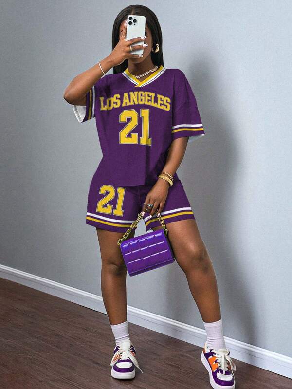2pcs Women Summer Casual V-Neck Short Sleeve Top & Shorts Set With Eagle Letter Graphic