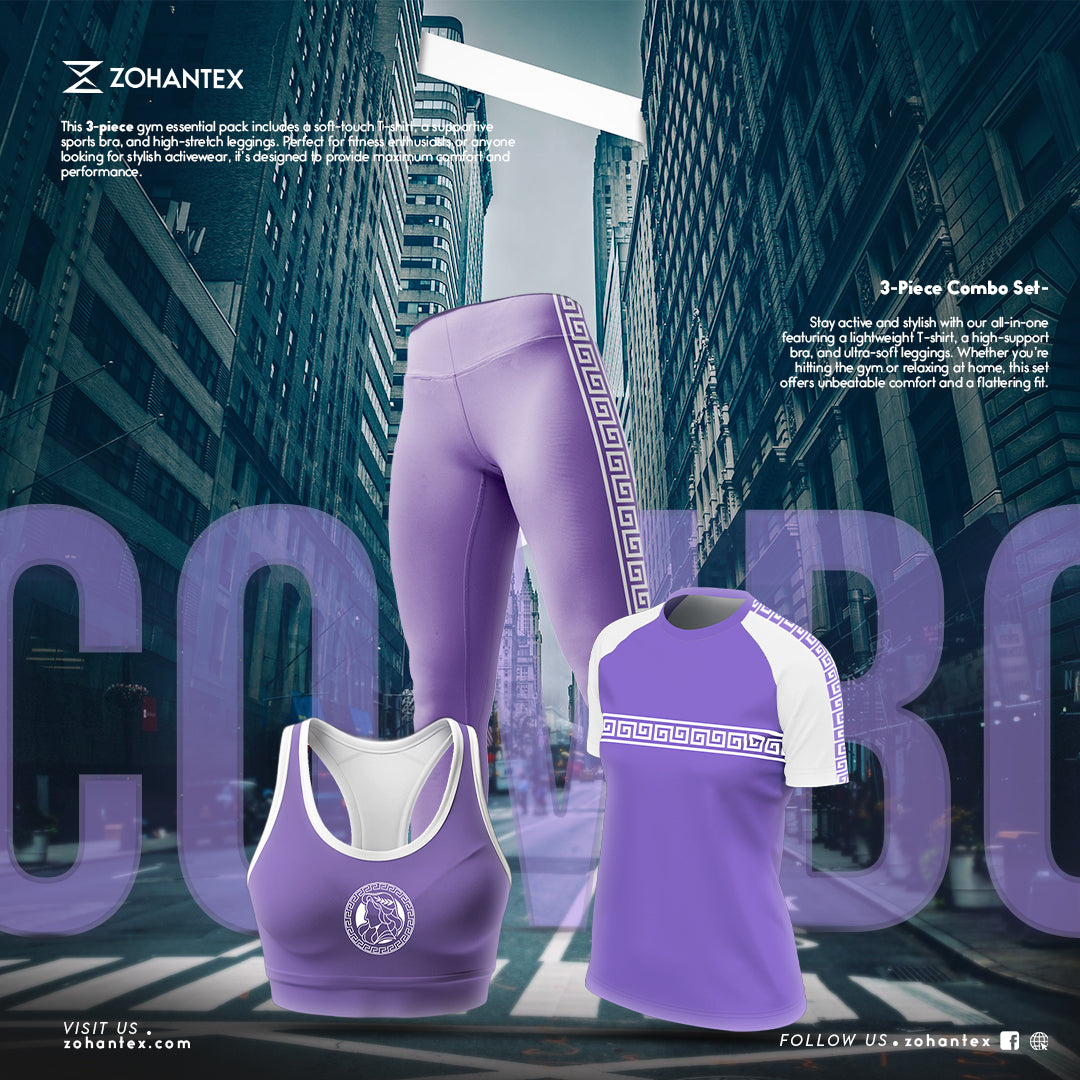Purple Plus Printed Workout 3Pcs Combo Set CM51