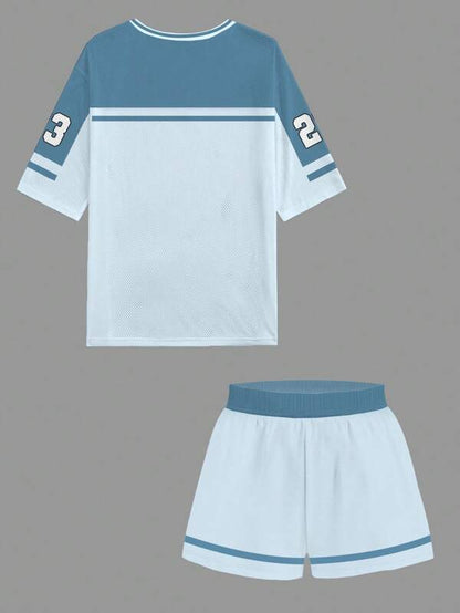 2pcs Women Summer Casual V-Neck Short Sleeve Top & Shorts Set With Eagle Letter Graphic
