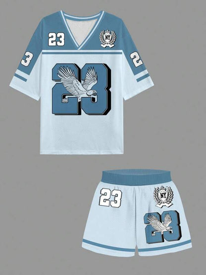 2pcs Women Summer Casual V-Neck Short Sleeve Top & Shorts Set With Eagle Letter Graphic