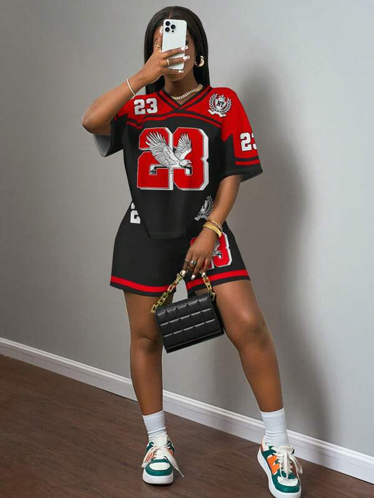 2pcs Women Summer Casual V-Neck Short Sleeve Top & Shorts Set With Eagle Letter Graphic