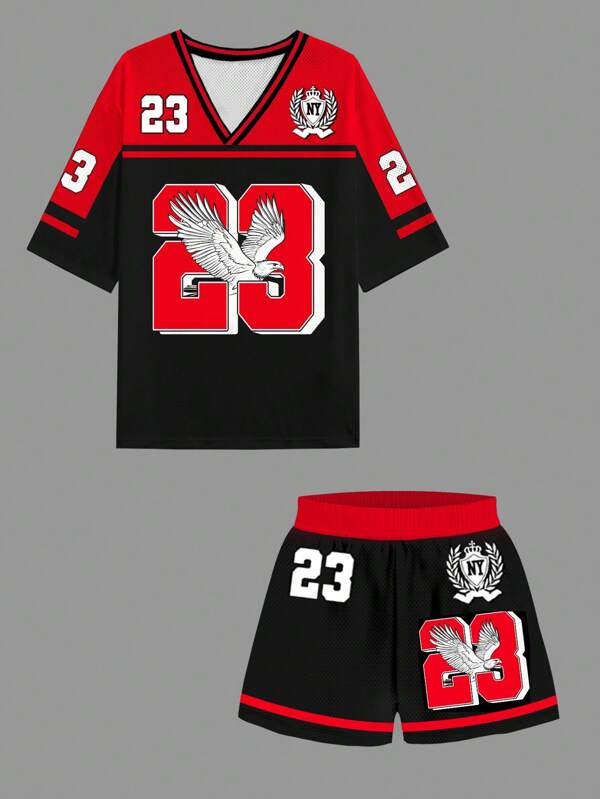 2pcs Women Summer Casual V-Neck Short Sleeve Top & Shorts Set With Eagle Letter Graphic