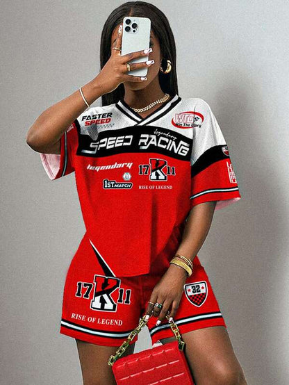 2pcs Women Summer Casual V-Neck Short Sleeve Top & Shorts Set With Eagle Letter Graphic