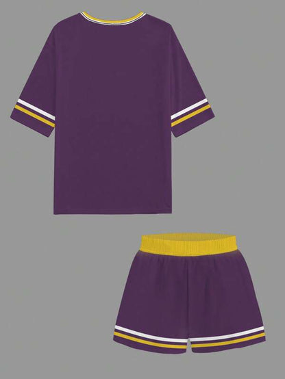 2pcs Women Summer Casual V-Neck Short Sleeve Top & Shorts Set With Eagle Letter Graphic