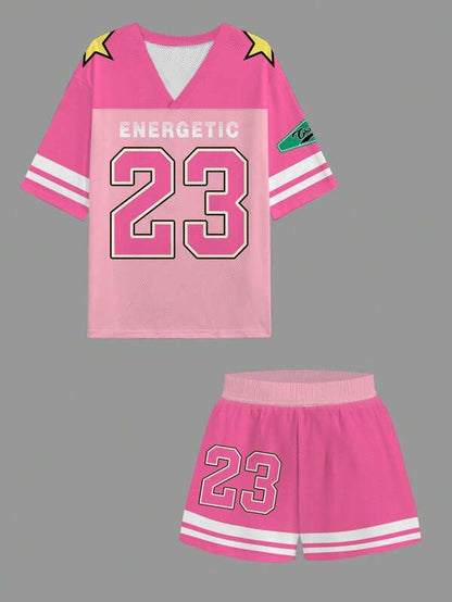 2pcs Women Summer Casual V-Neck Short Sleeve Top & Shorts Set With Eagle Letter Graphic