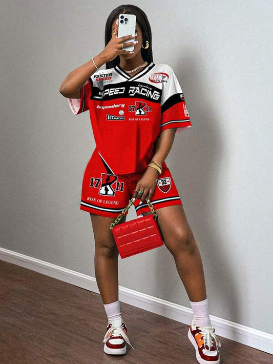 2pcs Women Summer Casual V-Neck Short Sleeve Top & Shorts Set With Eagle Letter Graphic
