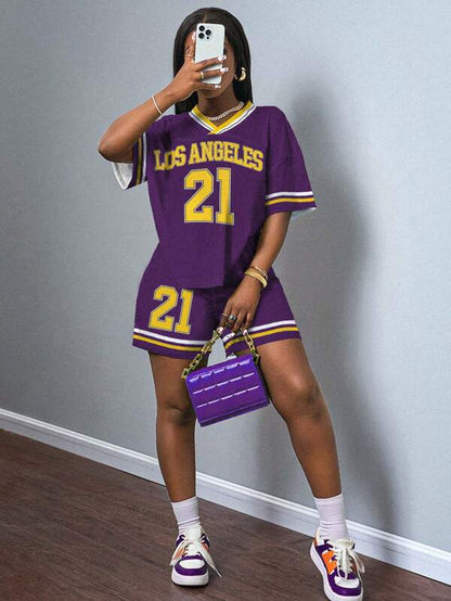2pcs Women Summer Casual V-Neck Short Sleeve Top & Shorts Set With Eagle Letter Graphic