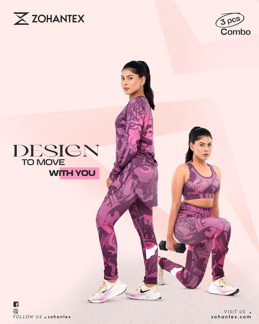 3pcs Printed Activewear Combo – Sports Bra, Leggings & Top CM91