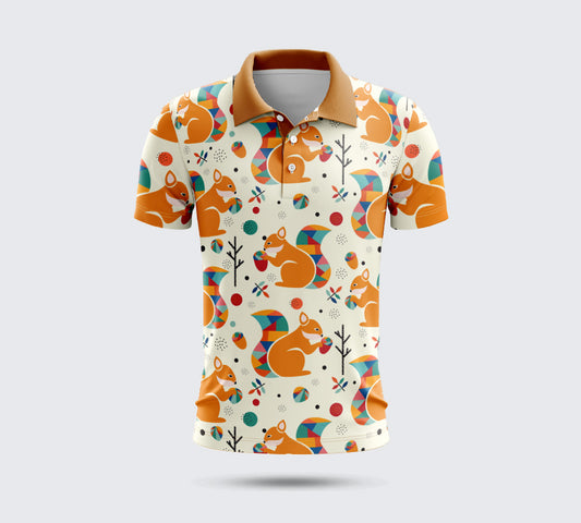 Men’s Retro Orange Fox Print Polo T-Shirt – Activewear & Casual Wear